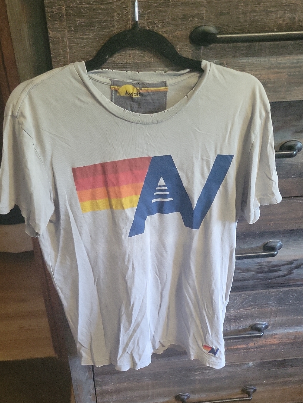 Aviator Nation Light Gray Tee with Navy AV and Sunset Stripe